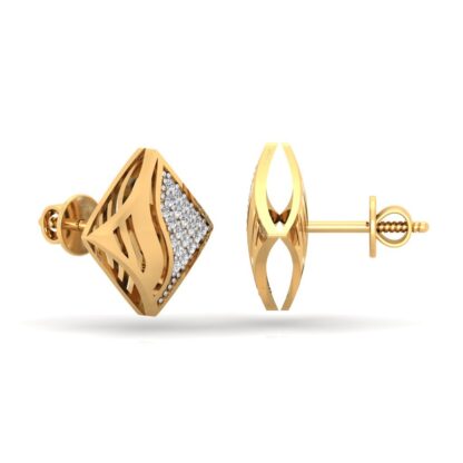 Side view of yellow gold diamond kite stud earrings showing the cut-out detail
