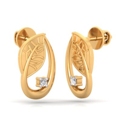 Side view of textured yellow gold leaf stud earrings showing the vein detail