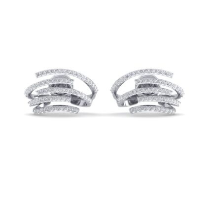 Front view of white gold stud earrings with stacked curved diamond bands