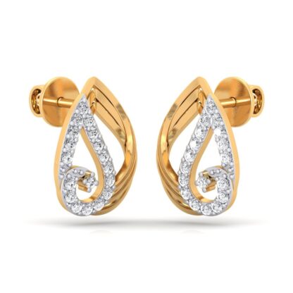 Side view of yellow gold diamond paisley stud earrings showing the ribbed backing