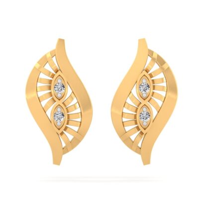 Front view of ribbed yellow gold leaf stud earrings with two round diamonds