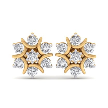 Front view of yellow gold flower cluster stud earrings with larger crescent petals