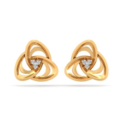 Front view of yellow gold trinity knot stud earrings with three round diamonds