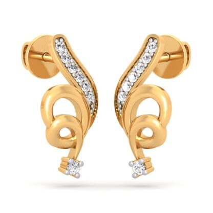 Side view of yellow gold diamond scroll stud earrings showing the coiled loops