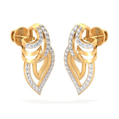 Side view of yellow gold tiered leaf stud earrings showing the ribbed cut-out detail