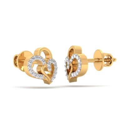 Side view of yellow gold double heart stud earrings showing the overlap detail