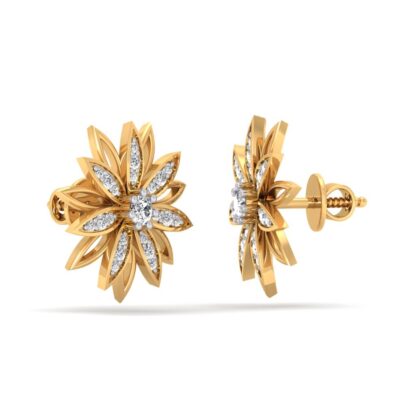 Side view of yellow gold sunflower stud earrings showing the layered petal depth