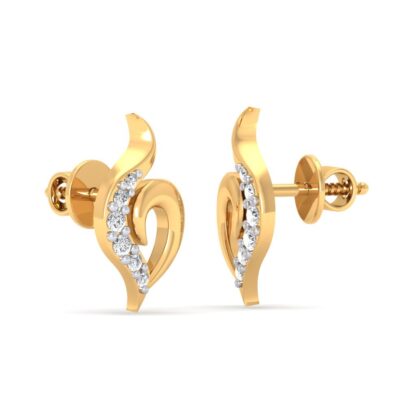 Side view of yellow gold flame swirl stud earrings showing the open loop base