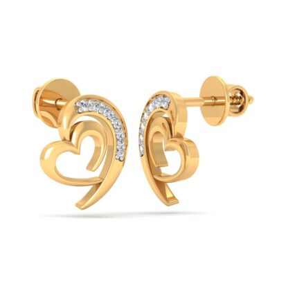 Side view of yellow gold heart stud earrings showing the diamond arc detail