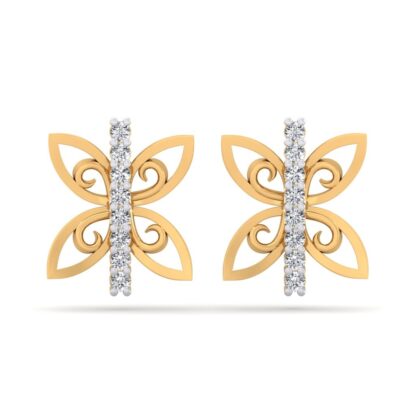 Front view of yellow gold filigree butterfly stud earrings with a diamond line body
