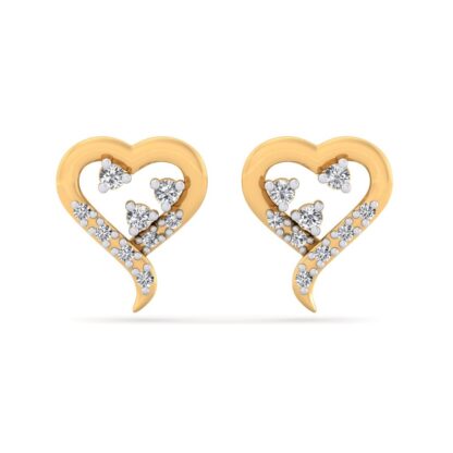 Front view of yellow gold heart stud earrings with a scattered diamond cluster