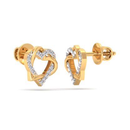 Side view of yellow gold interlocked heart stud earrings showing the crossing strands