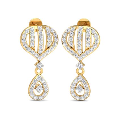 Front view of yellow gold stud earrings with a pave diamond fan and pear drop