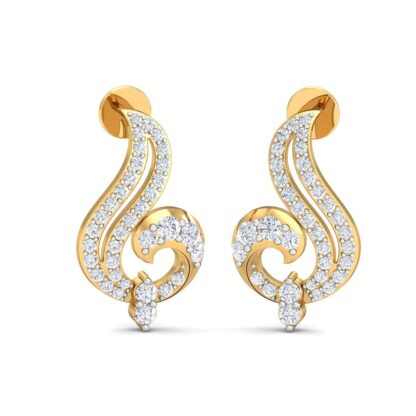 Front view of yellow gold stud earrings with a curling diamond fan spiral