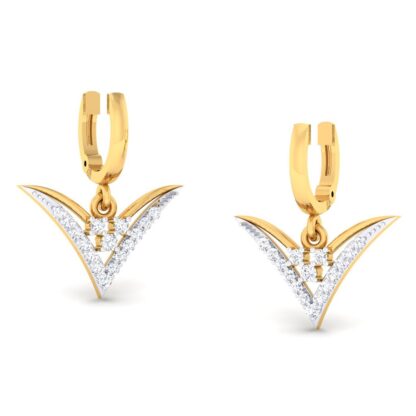 Front view of yellow gold hoop earrings with a dangling diamond chevron charm