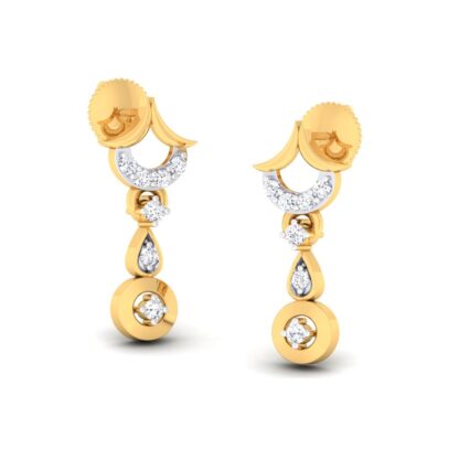 Front view of yellow gold tiered diamond drop earrings with an arch top