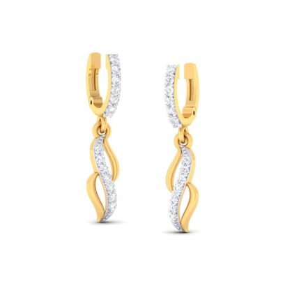 Front view of yellow gold hoop earrings with a dangling diamond leaf charm