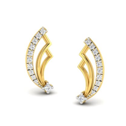 Front view of yellow gold fan stud earrings with a diamond line and solitaire