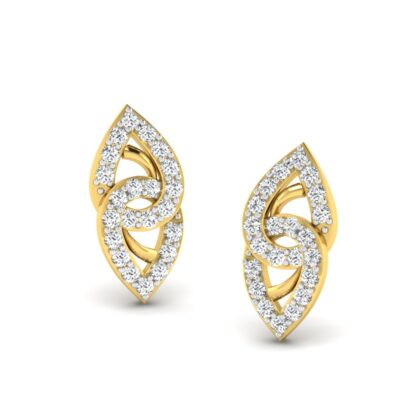 Front view of yellow gold stud earrings with interlocking oval loops in diamonds