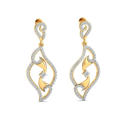 Front view of yellow gold long drop earrings with a diamond swirl and flame frame