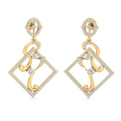 Front view of yellow gold drop earrings with a diamond square frame and scroll detail