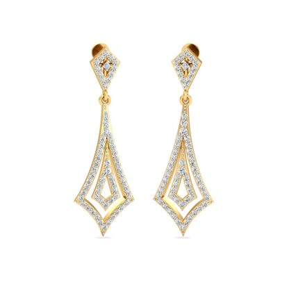Front view of yellow gold chandelier earrings with a tiered pave diamond kite drop