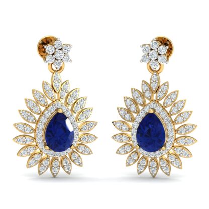 Front view of yellow gold drop earrings with a sapphire and sunburst diamond halo