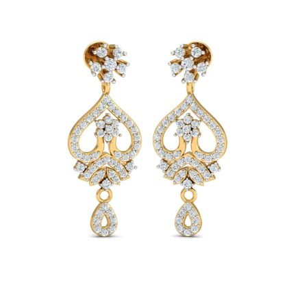 Front view of yellow gold diamond heart drop chandelier earrings