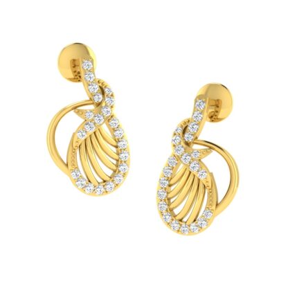 Front view of yellow gold drop earrings with a twisted diamond ribbon and teardrop