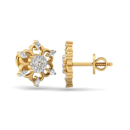 Side view of yellow gold diamond snowflake stud earrings showing the scalloped frame