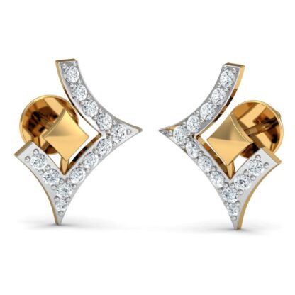 Front view of yellow gold geometric stud earrings with a flush-set gold accent
