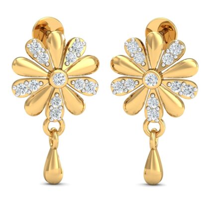 Front view of yellow gold flower stud earrings with a bezel-set diamond centre