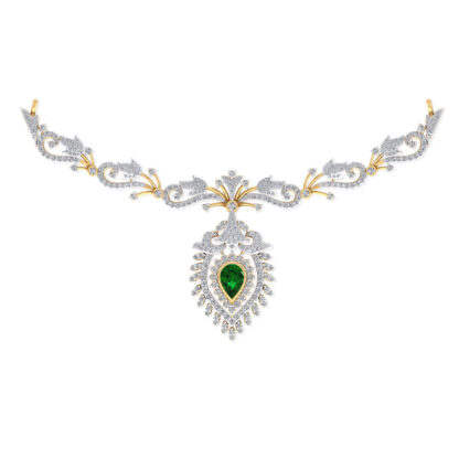 Yellow gold diamond scrollwork necklace, close-up of emerald pendant