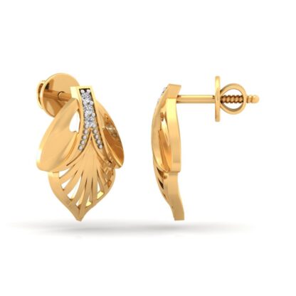 Side view of sculpted yellow gold leaf stud earrings showing vein detail