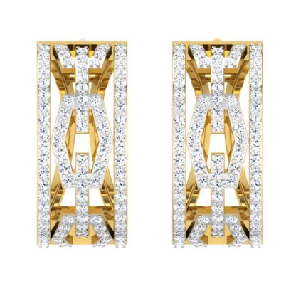 Front view of yellow gold huggie hoop earrings with a channel-set zigzag lattice