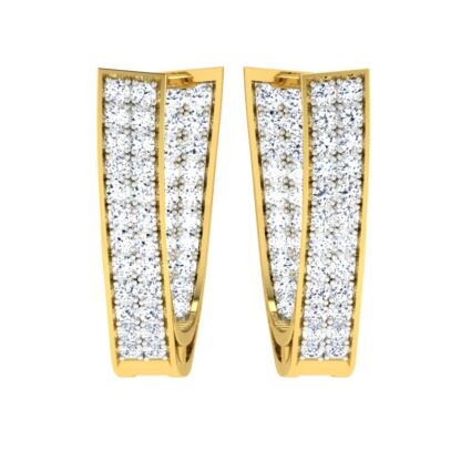 Side view of yellow gold twisted diamond hoop earrings showing depth