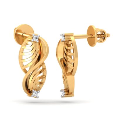 Side view of yellow gold paisley cut-out stud earrings showing ribbed detail