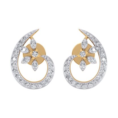 Front view of yellow gold stud earrings with a diamond loop and flower cluster
