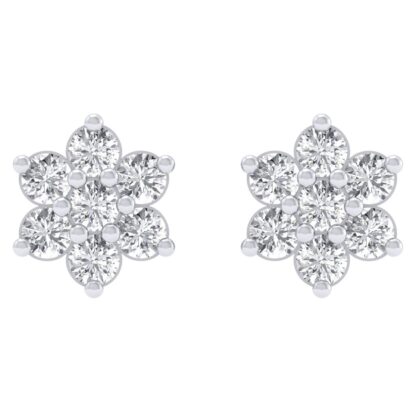 Angled view of white gold diamond cluster stud earrings showing the setting