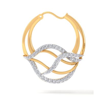 Side view of yellow gold diamond wave hoop earrings showing the crossing detail