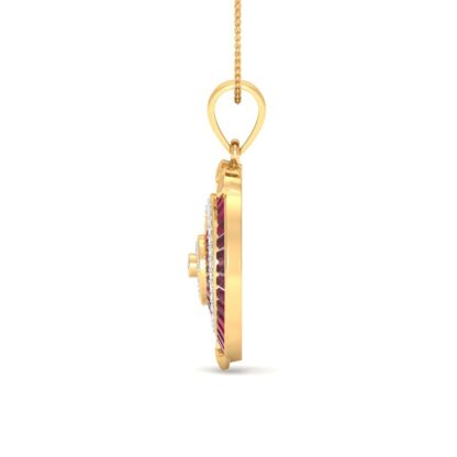 Yellow gold ruby diamond spiral pendant, close-up