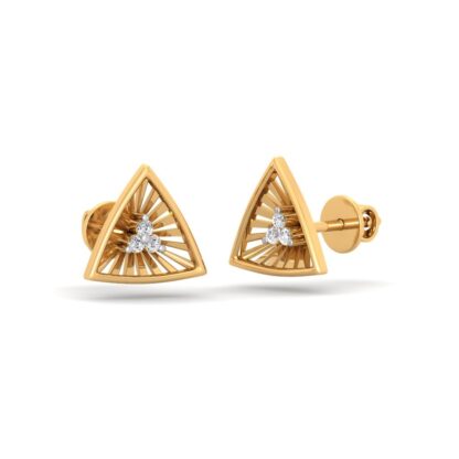 Side view of yellow gold sunburst triangle stud earrings showing ribbing detail