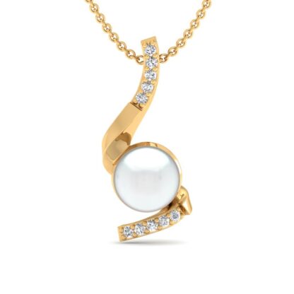 Yellow gold twisted diamond ribbon pearl pendant, front view