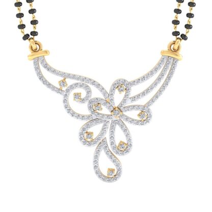 Angled view of yellow gold mangalsutra pendant showing the looping petal detail