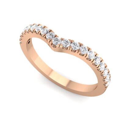 Perspective view of rose gold V contour pave diamond half eternity ring