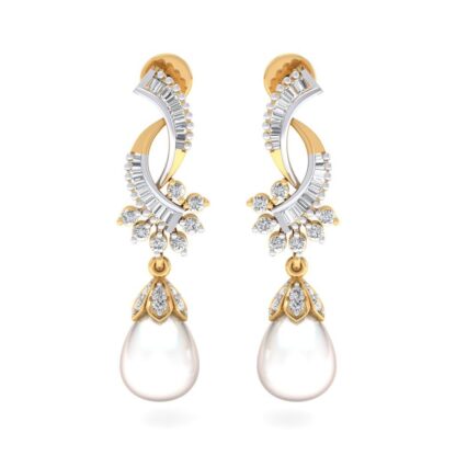 Yellow gold pearl drop earrings with diamond accent, front view