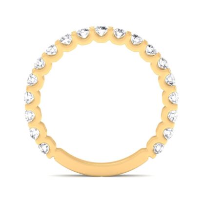 Through-finger view of yellow gold U-prong three-quarter eternity ring showing the band profile