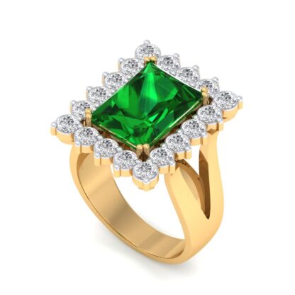 Perspective view of yellow gold emerald diamond halo split shank ring