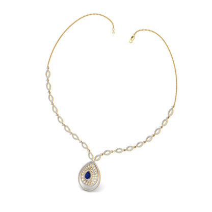Side profile of yellow gold sapphire sunburst necklace showing depth