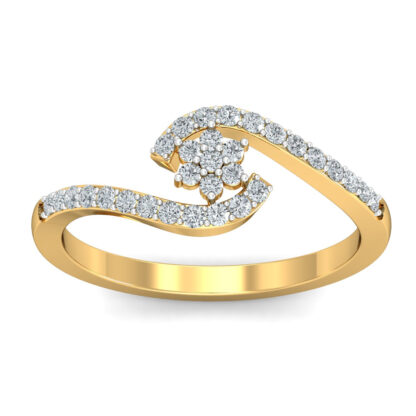 Front view of yellow gold ring with a diamond flower cluster held between two sweeping pave diamond arms